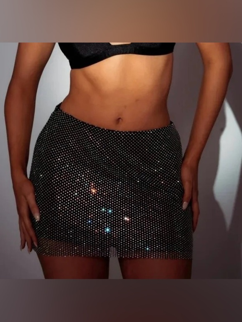Black Crystal-Embellished Mini Skirt + Top Set (SOLD TOGETHER)🖤✨